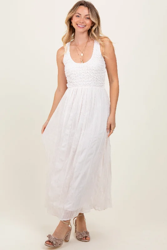 Ivory Textured Smocked Bodice Sleeveless Maxi Dress