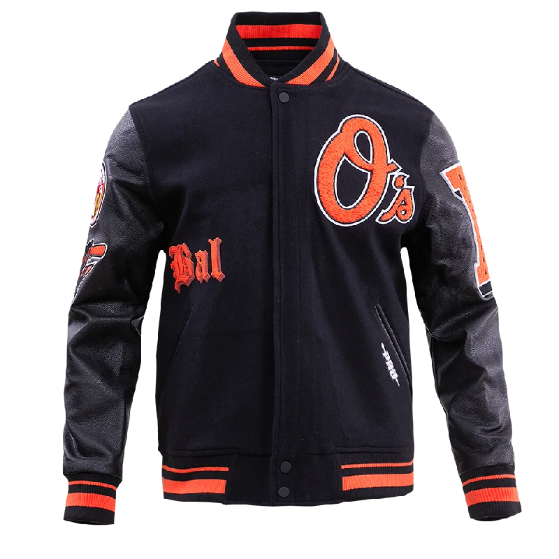 MLB BALTIMORE ORIOLES OLD ENGLISH WOOL MEN'S VARSITY JACKET (BLACK/ORANGE)