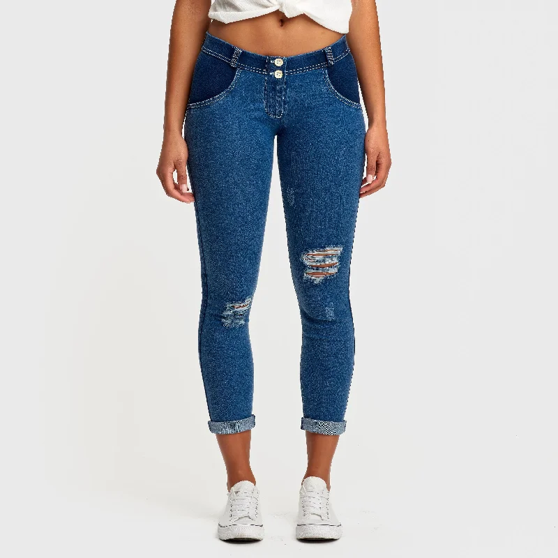 WR.UP® Distressed Denim - Low Waist - Full Length - Dark Blue + White Stitching