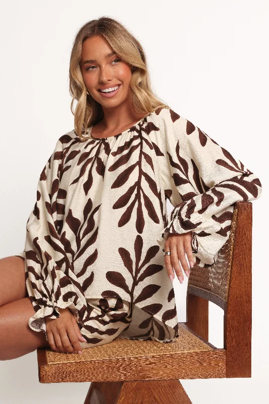 July Long Sleeve Smock Top - Brown Palm