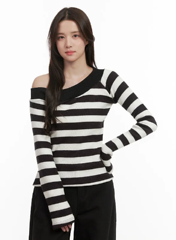 Striped One-Shoulder Long-Sleeve Top IJ510