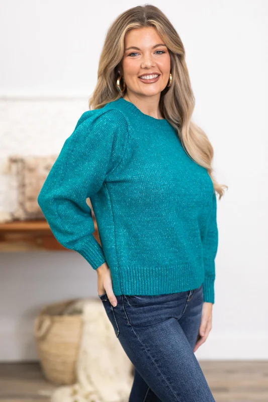 Teal Melange Puff Sleeve Sweater