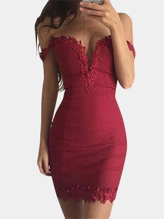 Wholesale Burgundy Deep V Neck Short Sleeve Lace Bodycon Mini Dress