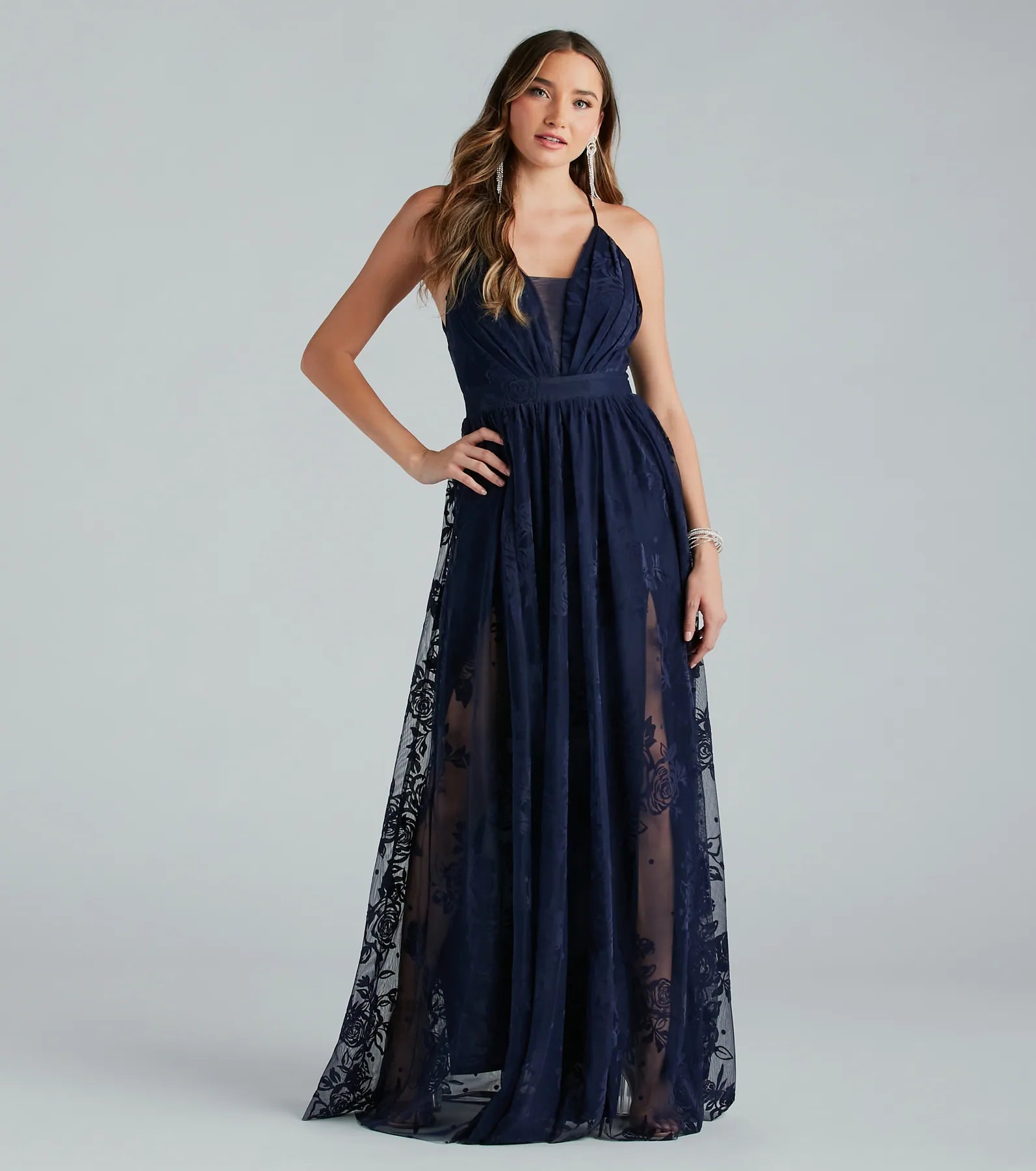 Lina Flocked Velvet A-Line Formal Dress