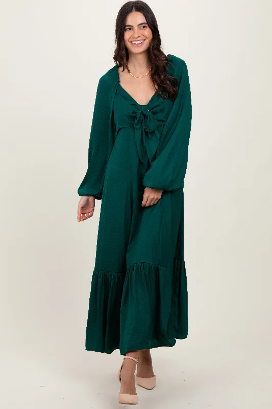 Emerald Bow Satin Maxi Dress