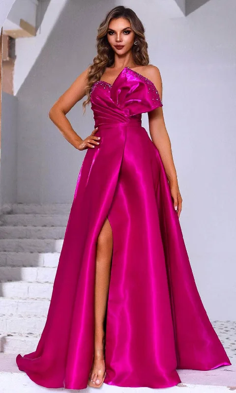 Terani Couture 251E4051 - Bow Detailed Asymmetric Neck Evening Gown