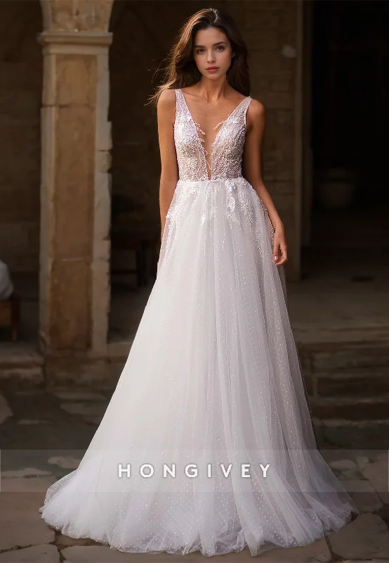 HONGIVEY Lace Wedding Dresses V-Neck A-Line Sleeveless Bridal Dress