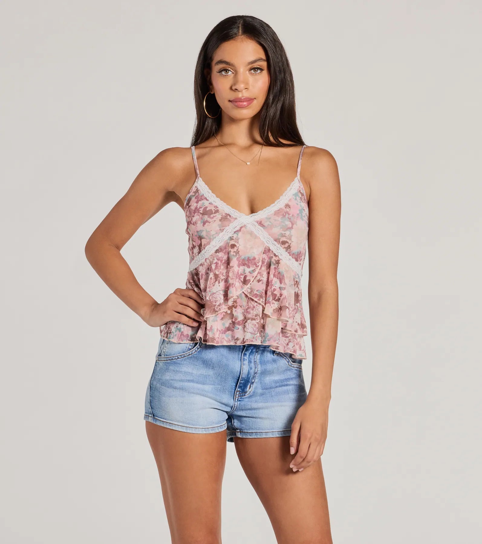 Crushin' On You Lace Trim Babydoll Floral Crop Top