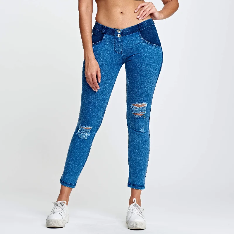 WR.UP® Distressed Denim - Low Waist - Full Length - Dark Blue + Blue Stitching