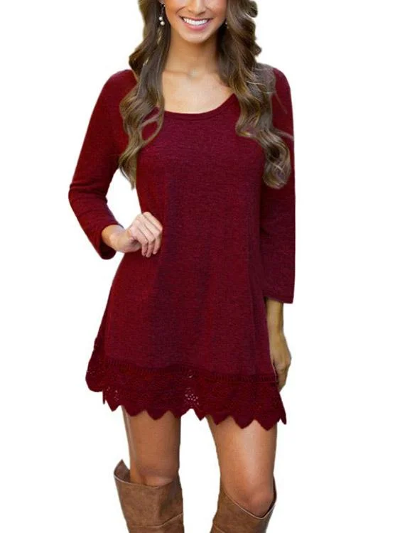 Wholesale Burgundy Round Neck Long Sleeve Lace Irregular Hem Mini Dress