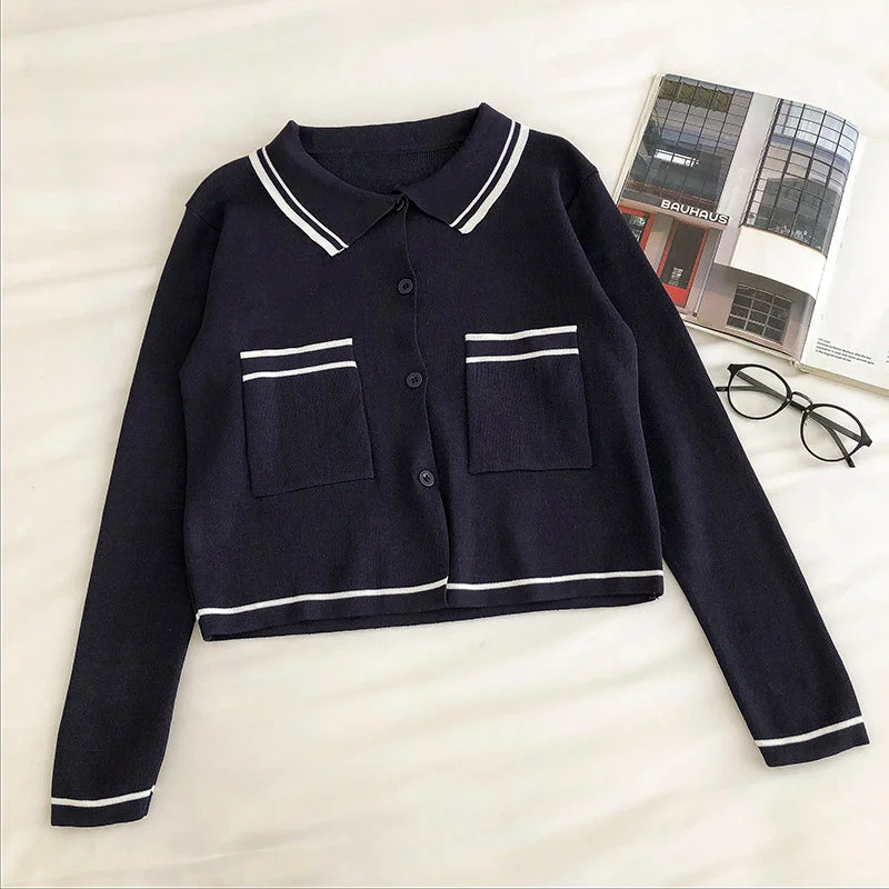 Lapel single breasted cardigan Vintage long sleeve sweater women  6549