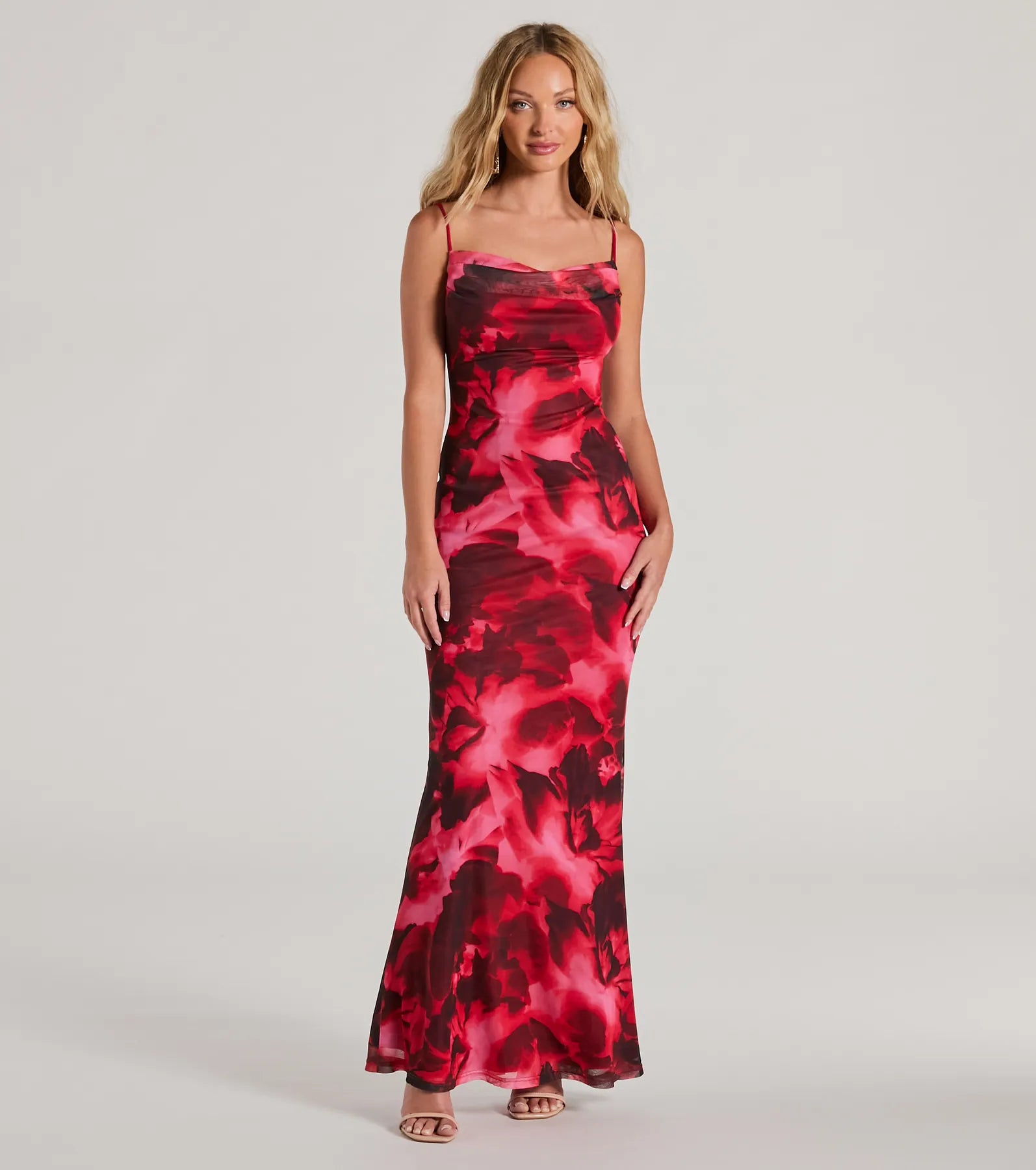 Catch Attention Cowl Neck Abstract Floral Maxi Dress